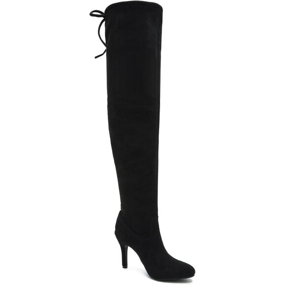 Women Black Suede Pointed Toe Over The Knee Thigh High Stiletto Heel Boot - Picture 3 of 9